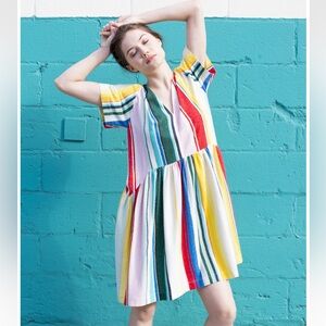 WHIT Anthropologie Catalina 100% Silk V-Neck Striped Rainbow Dress, Size XS